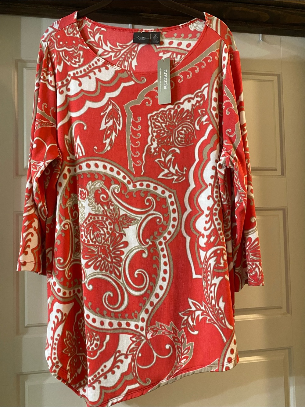 Chico's Coral and Cream Printed Scoop Neck Top